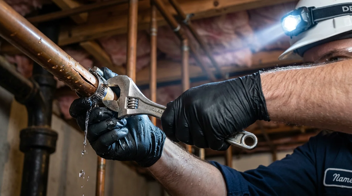 Emergency pipe clamp repair being performed by a Johns Plumbing LLC plumber in Shreveport