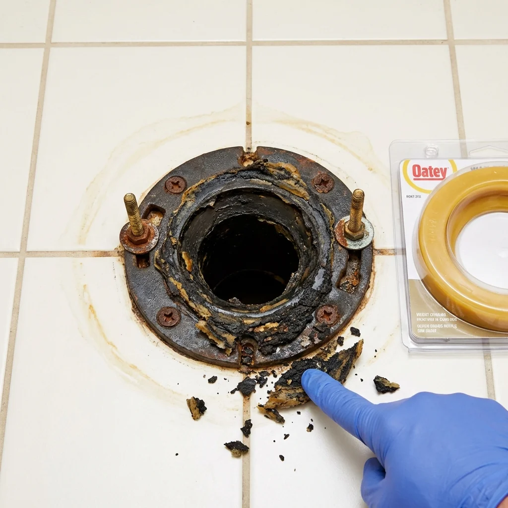 Failed wax ring showing water seepage at the base of a toilet in a Shreveport, LA home