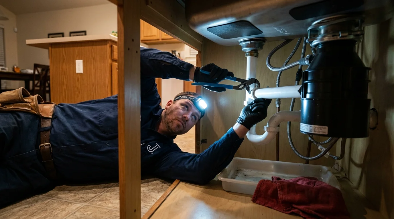P-trap and supply line connections under a kitchen sink showing a common leak point in Shreveport, LA